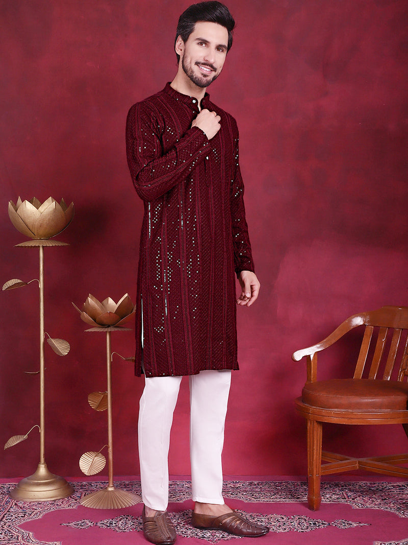 Men's Sequins Chikankari Embroidered Kurta with Pyjama ( JOKP 5015 Maroon )