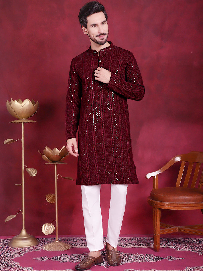 Men's Sequins Chikankari Embroidered Kurta with Pyjama ( JOKP 5015 Maroon )