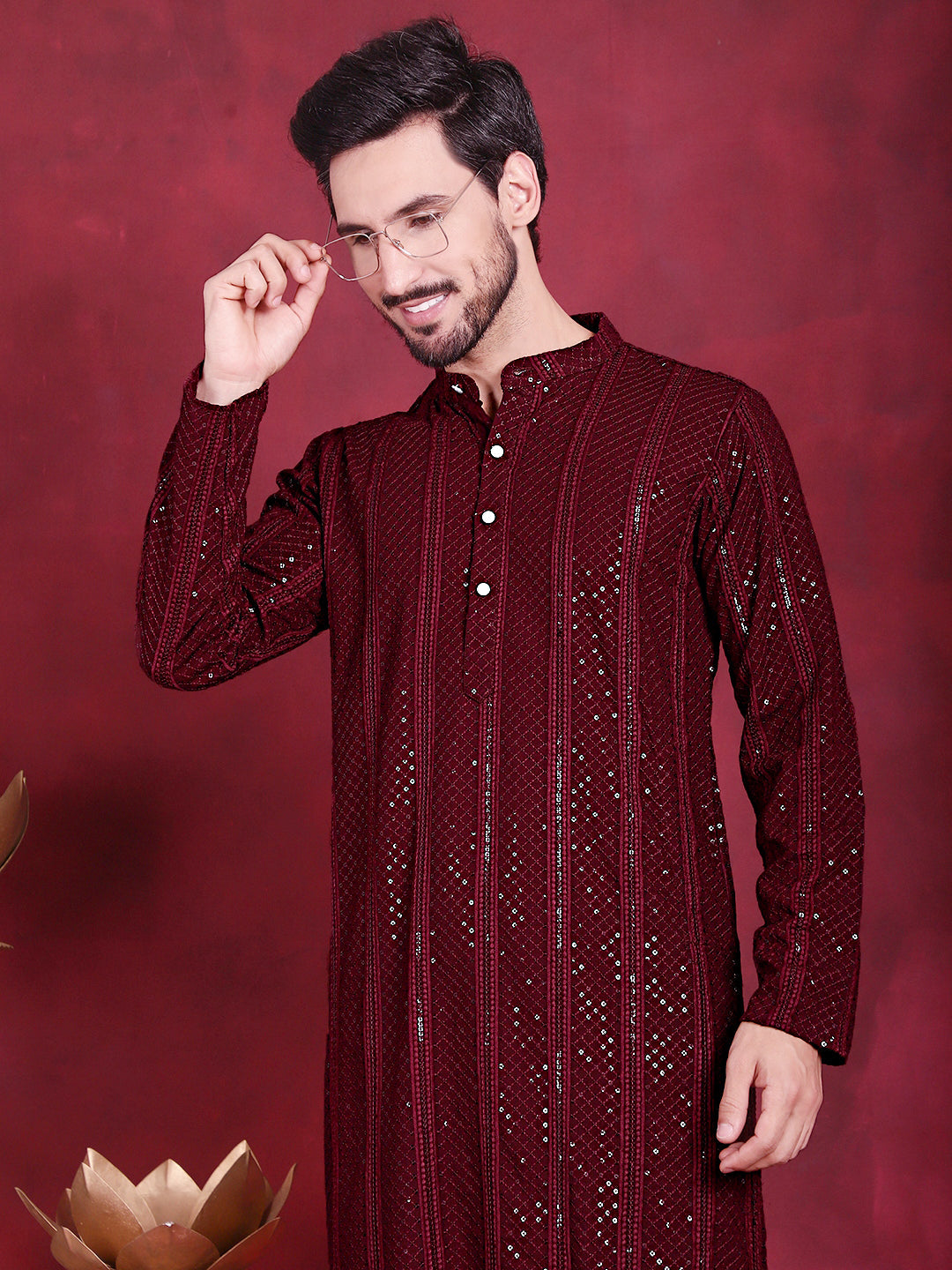 Men's Sequins Chikankari Embroidered Kurta with Pyjama ( JOKP 5015 Maroon )