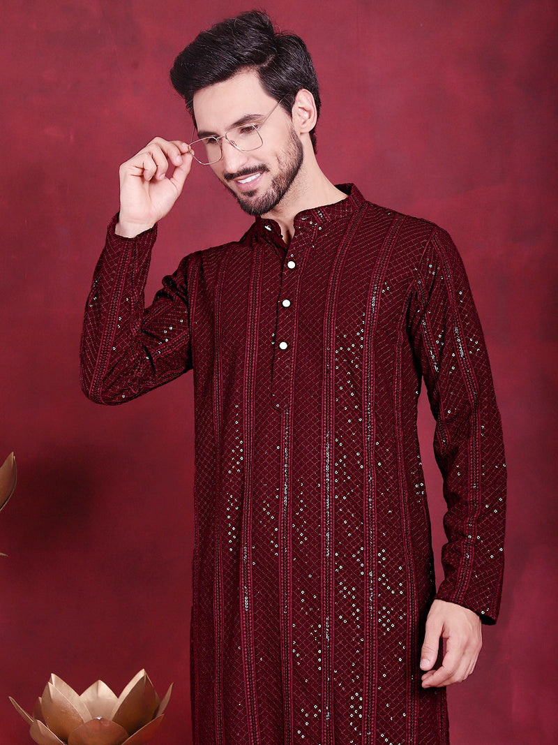 Men's Sequins Chikankari Embroidered Kurta with Pyjama ( JOKP 5015 Maroon )