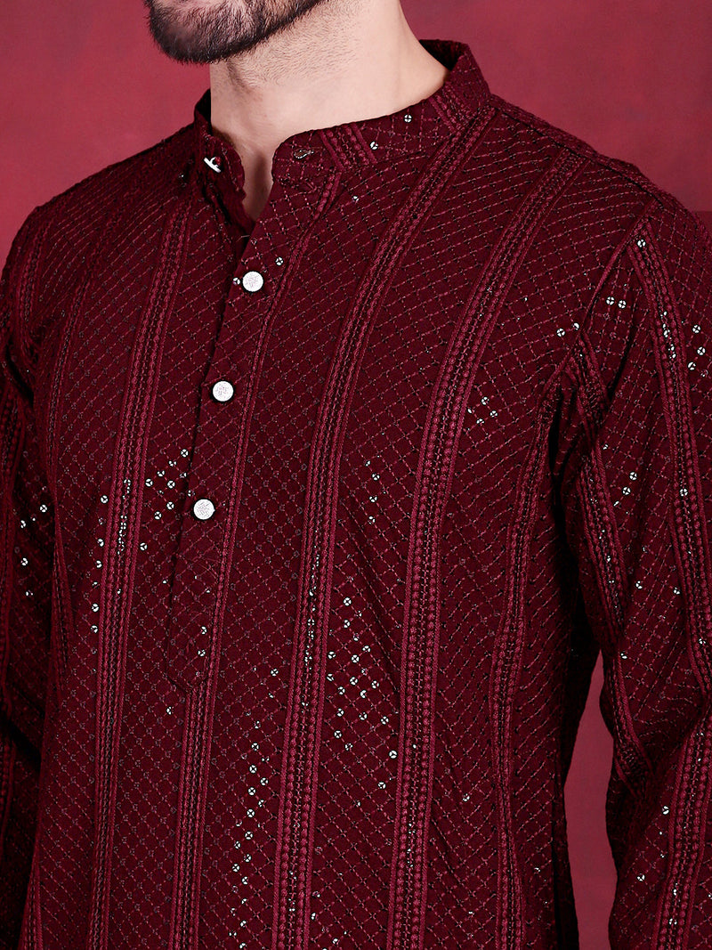 Men's Sequins Chikankari Embroidered Kurta with Pyjama ( JOKP 5015 Maroon )