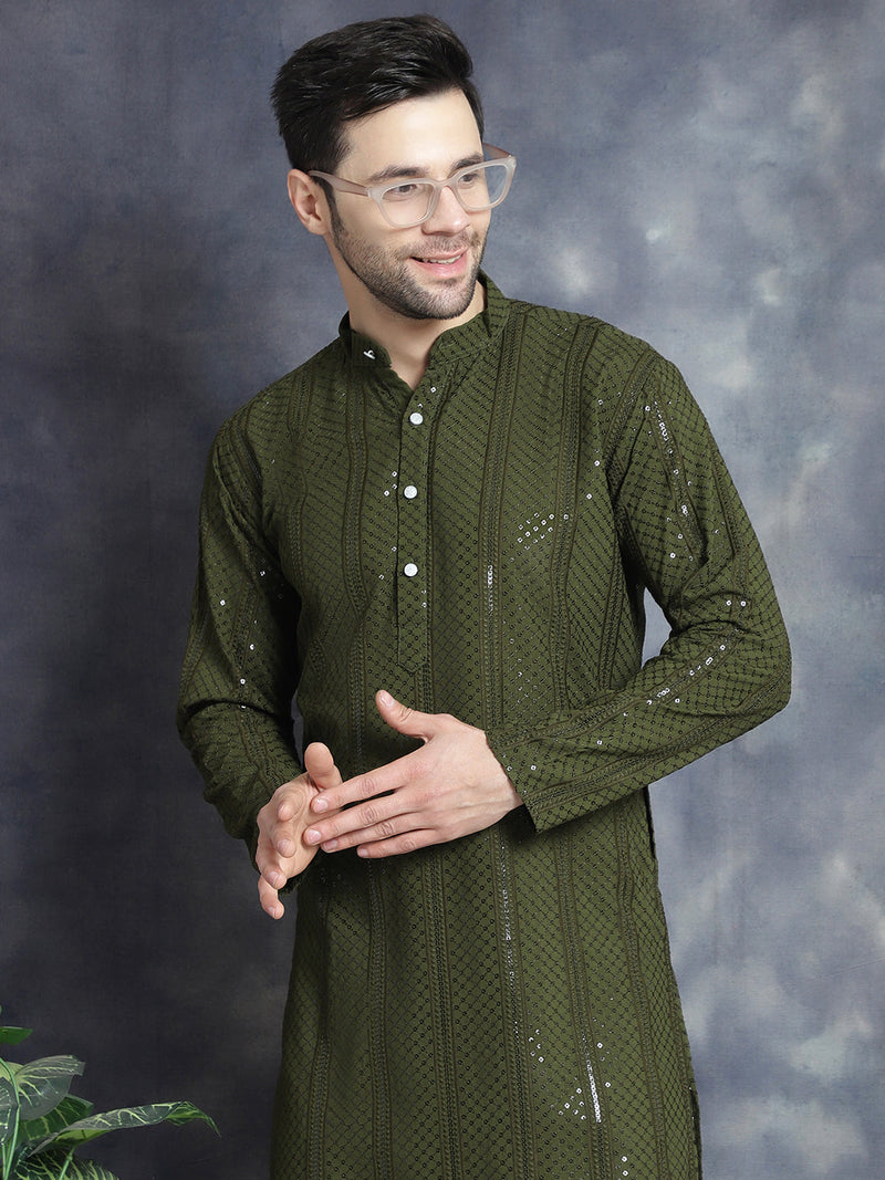 Men's Sequins Chikankari Embroidered Kurta with Pyjama ( JOKP P 5015Mehndi )