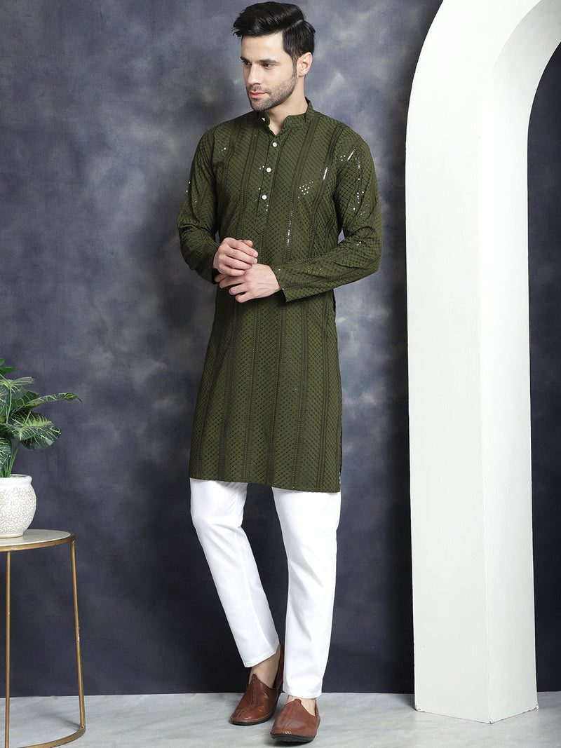 Men's Sequins Chikankari Embroidered Kurta with Pyjama ( JOKP P 5015Mehndi )