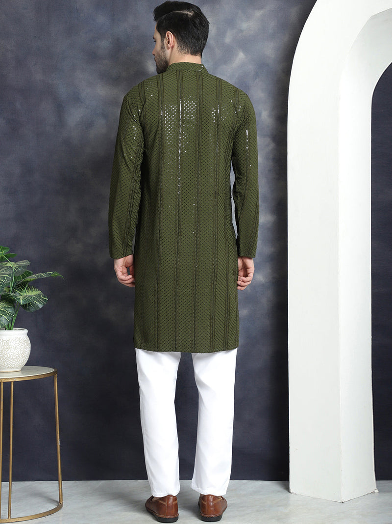 Men's Sequins Chikankari Embroidered Kurta with Pyjama ( JOKP P 5015Mehndi )