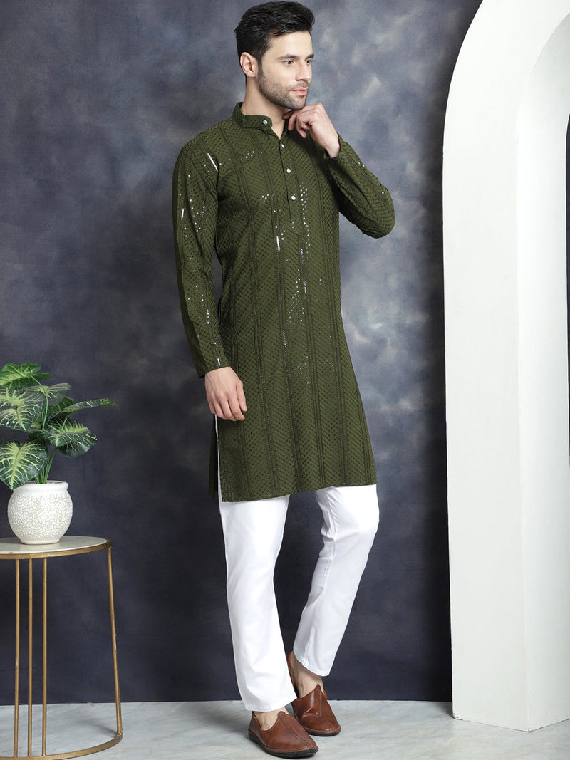 Men's Sequins Chikankari Embroidered Kurta with Pyjama ( JOKP P 5015Mehndi )