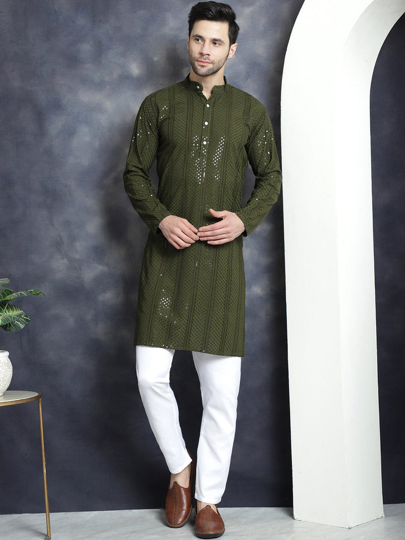 Men's Sequins Chikankari Embroidered Kurta with Pyjama ( JOKP P 5015Mehndi )