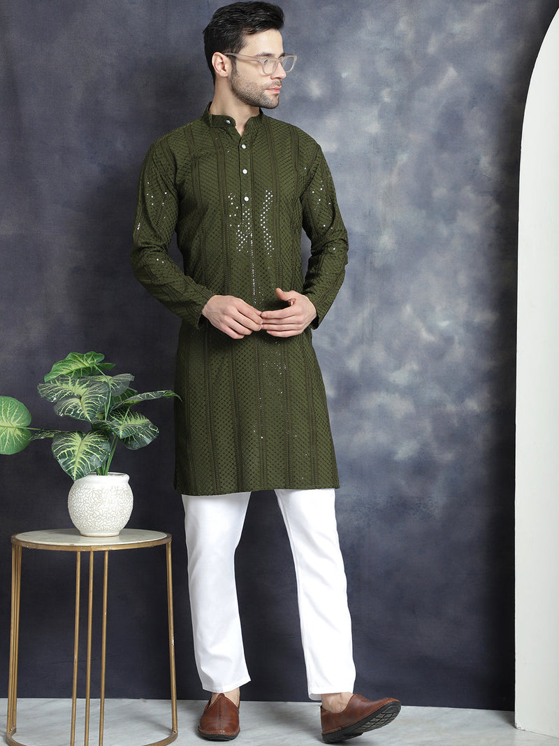 Men's Sequins Chikankari Embroidered Kurta with Pyjama ( JOKP P 5015Mehndi )