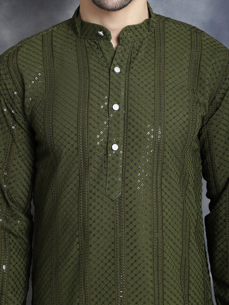 Men's Sequins Chikankari Embroidered Kurta with Pyjama ( JOKP P 5015Mehndi )