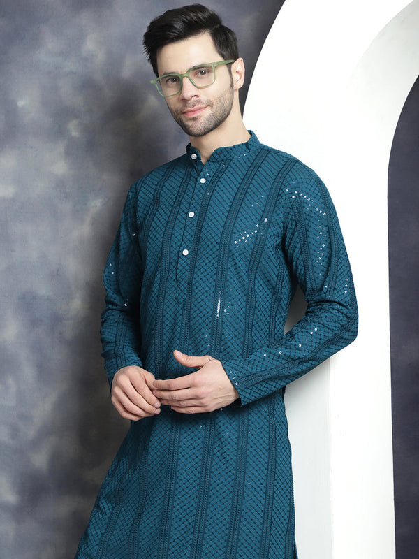 Men's Sequins Chikankari Embroidered Kurta with Pyjama ( JOKP P 5015Peacock )