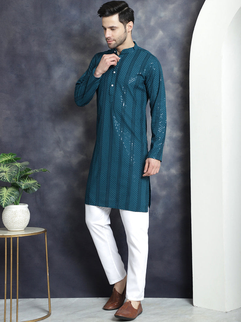 Men's Sequins Chikankari Embroidered Kurta with Pyjama ( JOKP P 5015Peacock )