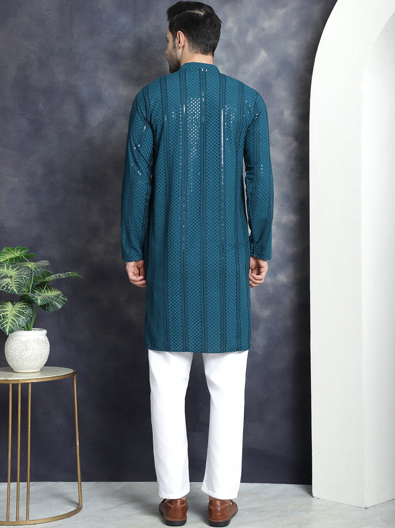 Men's Sequins Chikankari Embroidered Kurta with Pyjama ( JOKP P 5015Peacock )