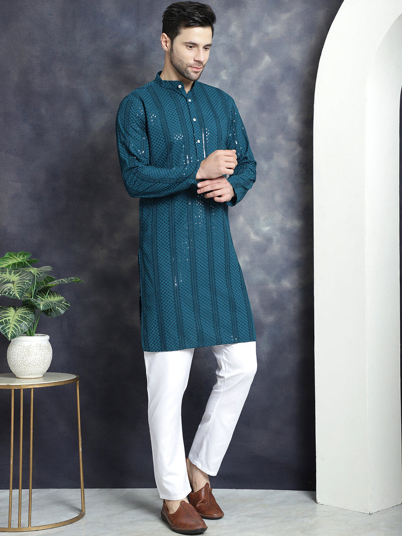 Men's Sequins Chikankari Embroidered Kurta with Pyjama ( JOKP P 5015Peacock )