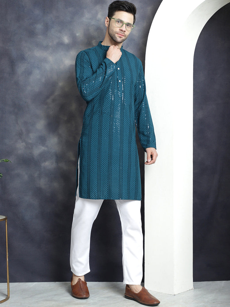 Men's Sequins Chikankari Embroidered Kurta with Pyjama ( JOKP P 5015Peacock )