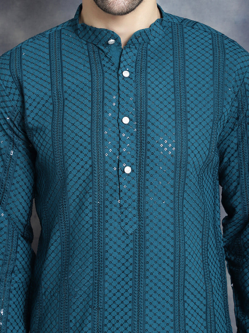 Men's Sequins Chikankari Embroidered Kurta with Pyjama ( JOKP P 5015Peacock )