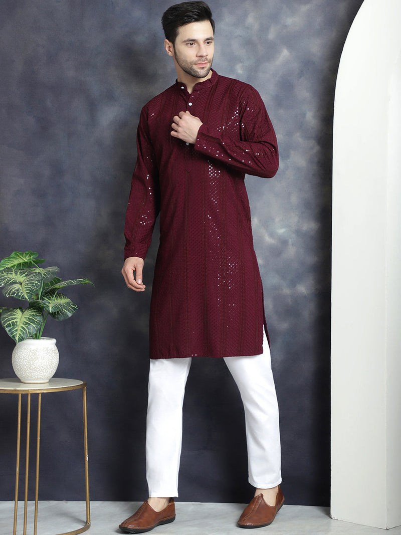 Men's Sequins Chikankari Embroidered Kurta with Pyjama ( JOKP P 5015Purple )