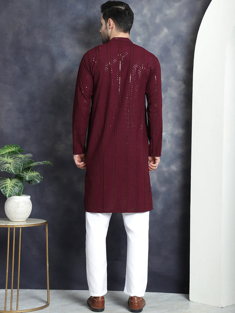 Men's Sequins Chikankari Embroidered Kurta with Pyjama ( JOKP P 5015Purple )