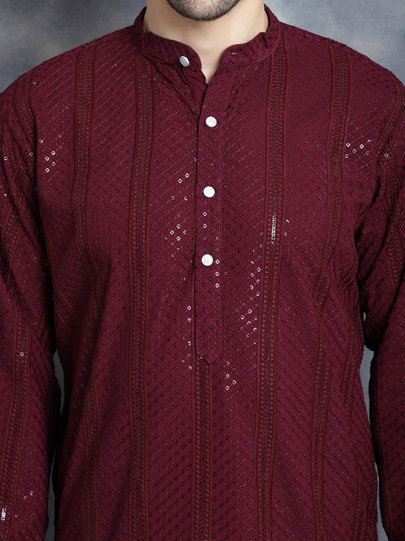 Men's Sequins Chikankari Embroidered Kurta with Pyjama ( JOKP P 5015Purple )