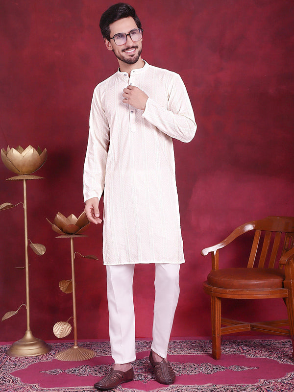 Men's Sequins Chikankari Embroidered Kurta with Pyjama ( JOKP 5015 White )