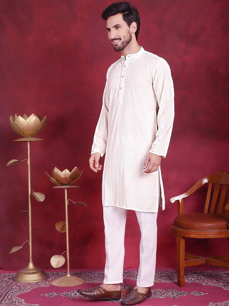 Men's Sequins Chikankari Embroidered Kurta with Pyjama ( JOKP 5015 White )