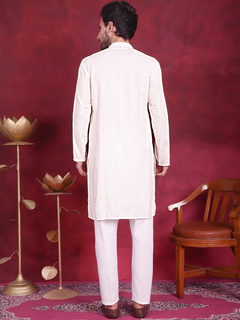 Men's Sequins Chikankari Embroidered Kurta with Pyjama ( JOKP 5015 White )