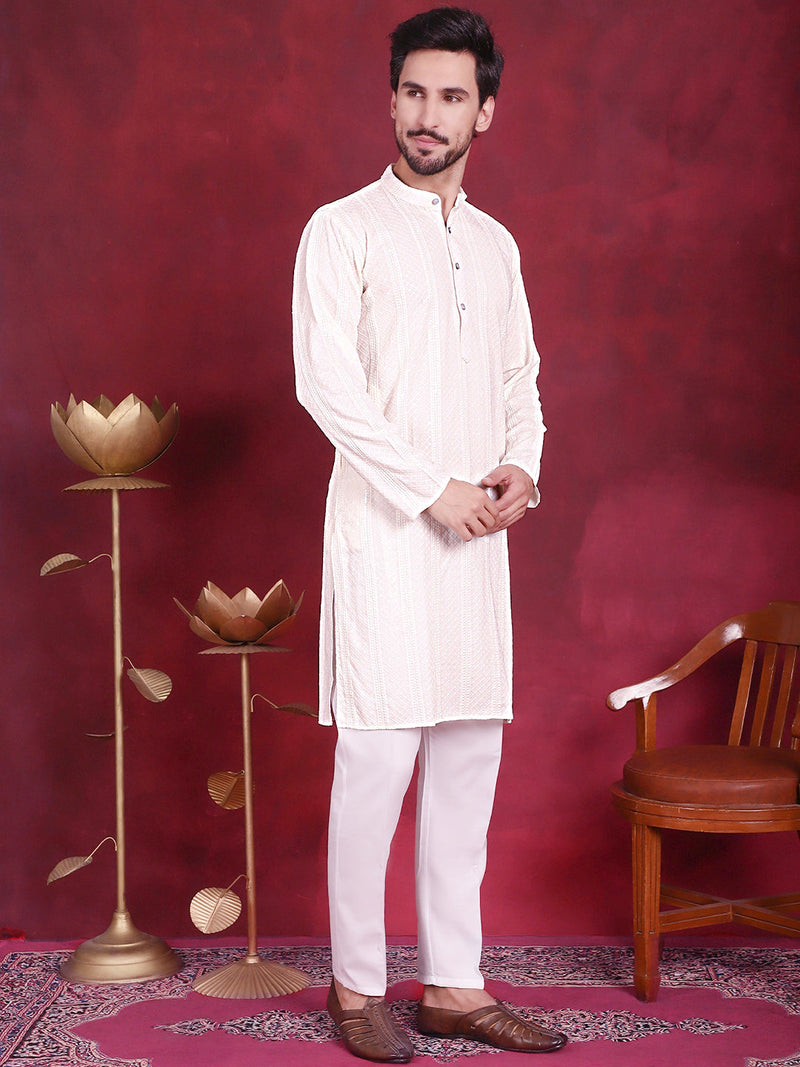 Men's Sequins Chikankari Embroidered Kurta with Pyjama ( JOKP 5015 White )