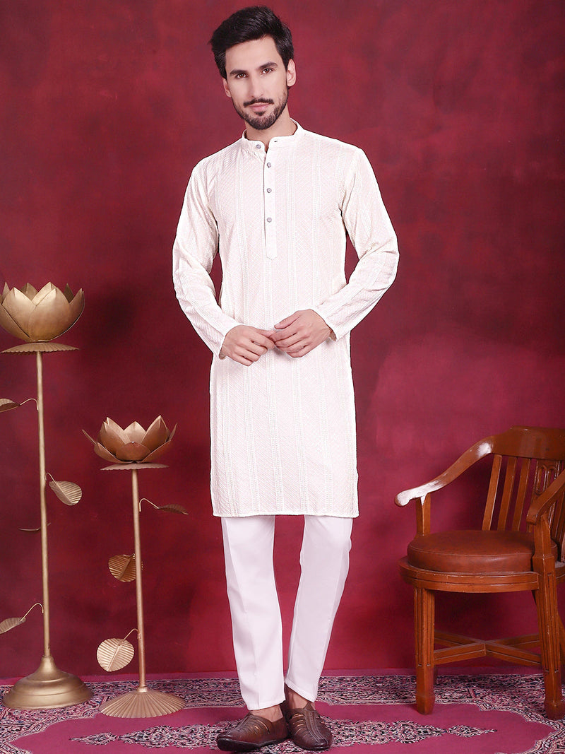 Men's Sequins Chikankari Embroidered Kurta with Pyjama ( JOKP 5015 White )