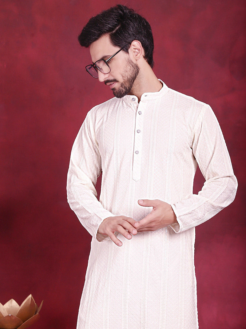 Men's Sequins Chikankari Embroidered Kurta with Pyjama ( JOKP 5015 White )