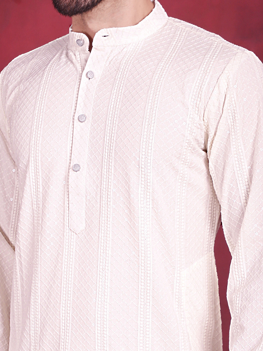 Men's Sequins Chikankari Embroidered Kurta with Pyjama ( JOKP 5015 White )