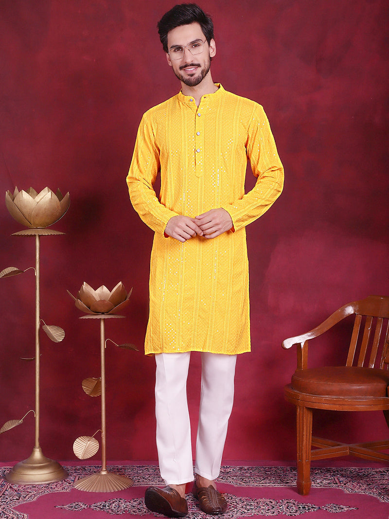 Men's Sequins Chikankari Embroidered Kurta with Pyjama ( JOKP 5015 Yellow )