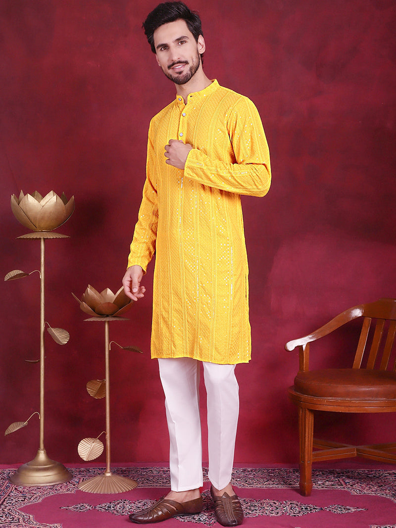 Men's Sequins Chikankari Embroidered Kurta with Pyjama ( JOKP 5015 Yellow )