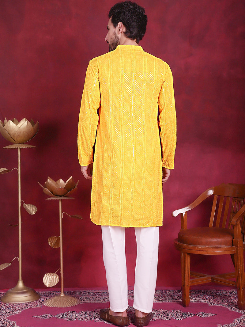 Men's Sequins Chikankari Embroidered Kurta with Pyjama ( JOKP 5015 Yellow )