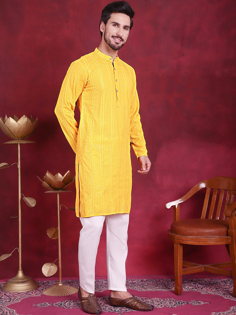 Men's Sequins Chikankari Embroidered Kurta with Pyjama ( JOKP 5015 Yellow )