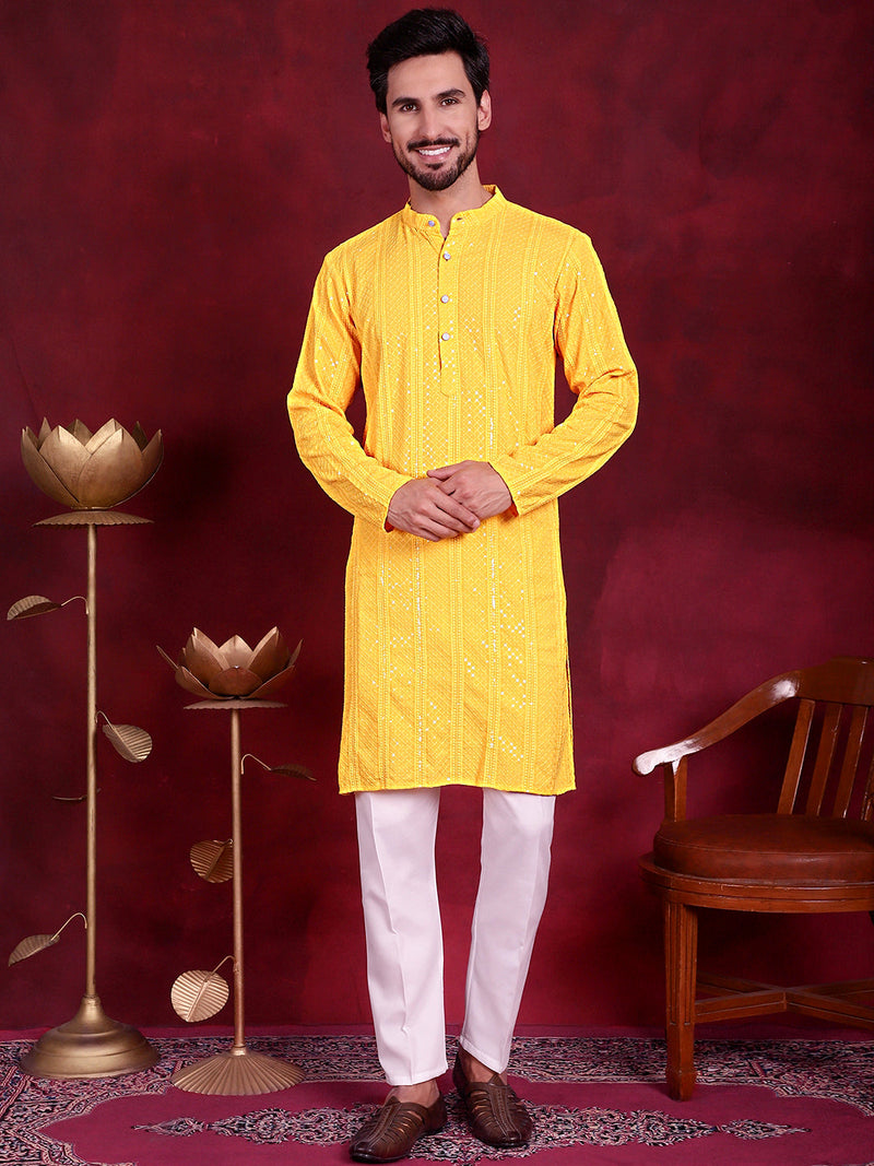 Men's Sequins Chikankari Embroidered Kurta with Pyjama ( JOKP 5015 Yellow )