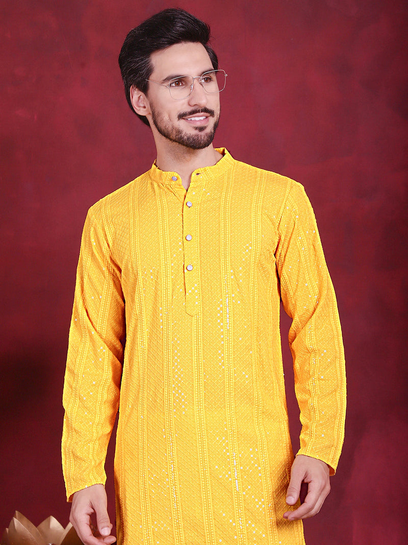 Men's Sequins Chikankari Embroidered Kurta with Pyjama ( JOKP 5015 Yellow )