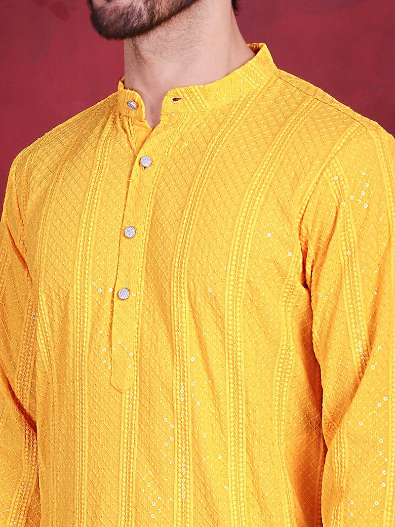 Men's Sequins Chikankari Embroidered Kurta with Pyjama ( JOKP 5015 Yellow )