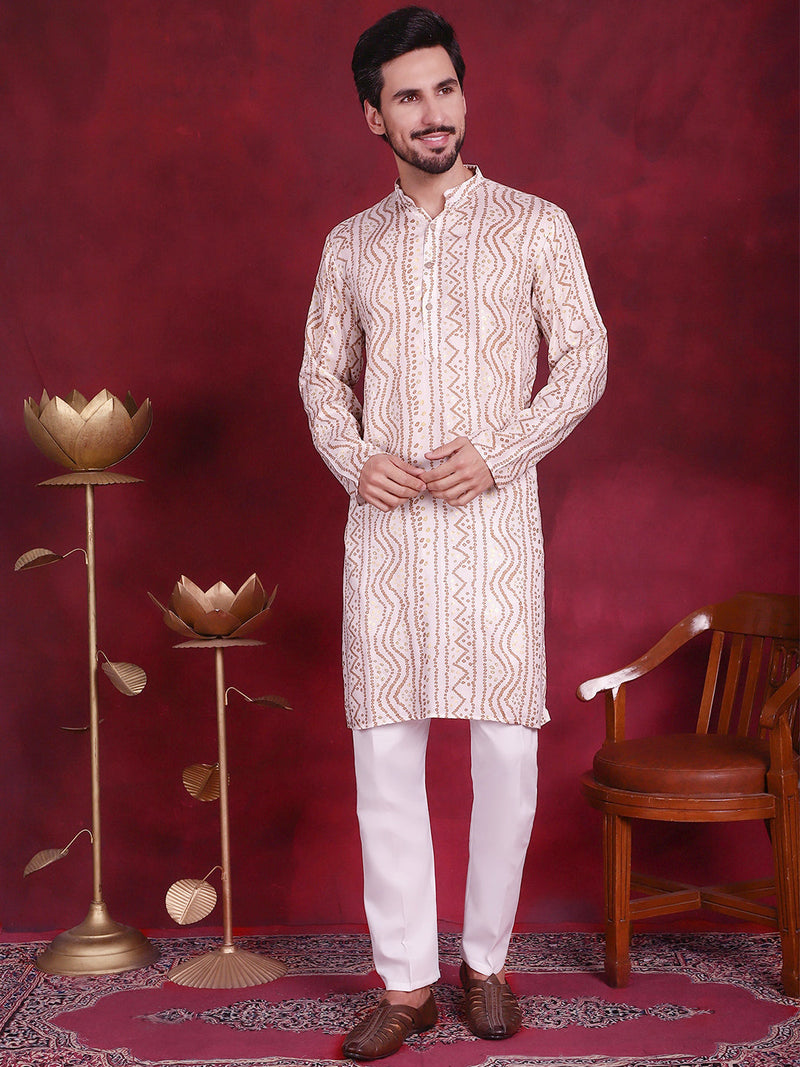 Men's Bandhani Printed Kurta with Pyjama ( JOKP 5016 Cream )