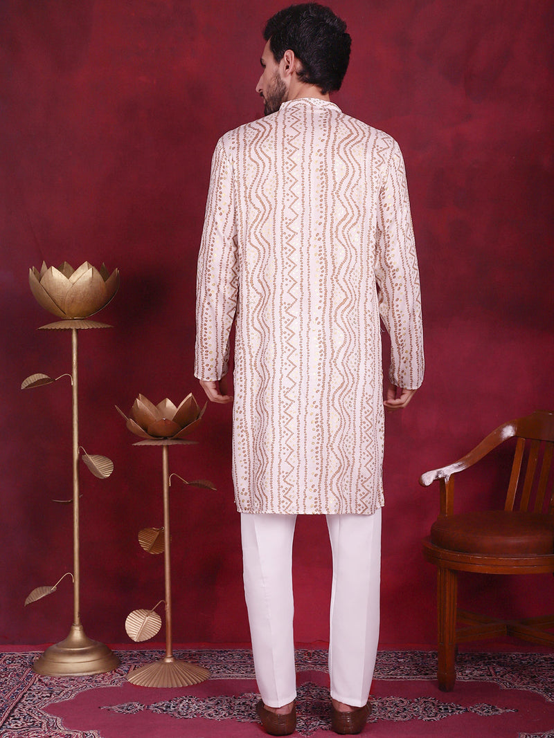 Men's Bandhani Printed Kurta with Pyjama ( JOKP 5016 Cream )