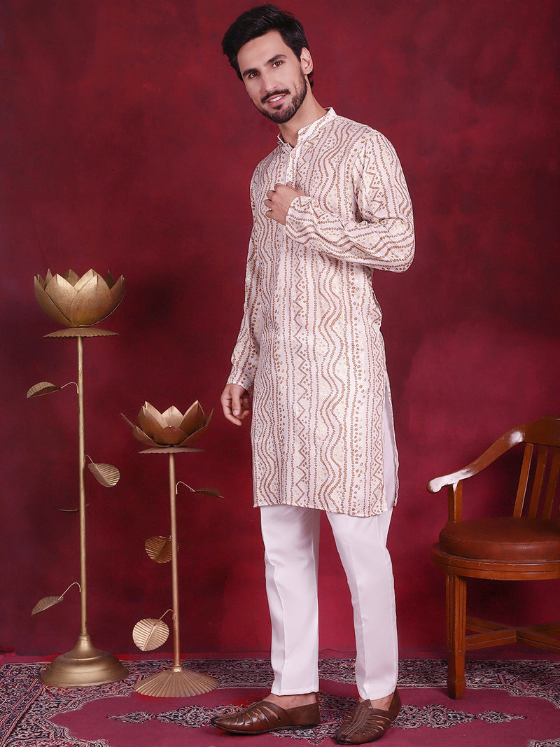 Men's Bandhani Printed Kurta with Pyjama ( JOKP 5016 Cream )