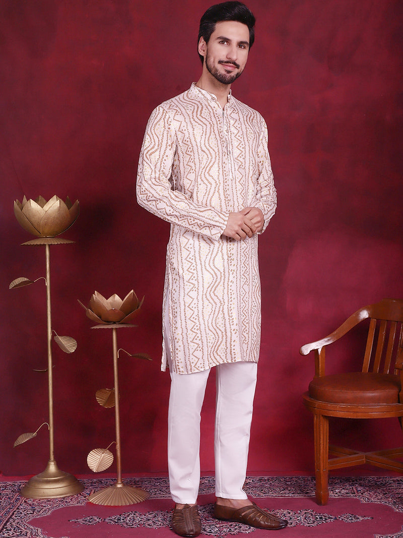 Men's Bandhani Printed Kurta with Pyjama ( JOKP 5016 Cream )