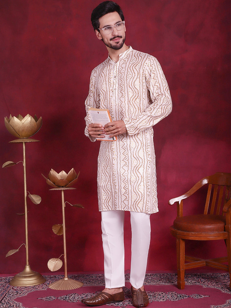 Men's Bandhani Printed Kurta with Pyjama ( JOKP 5016 Cream )