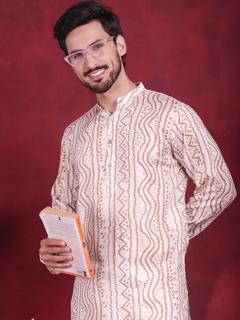 Men's Bandhani Printed Kurta with Pyjama ( JOKP 5016 Cream )