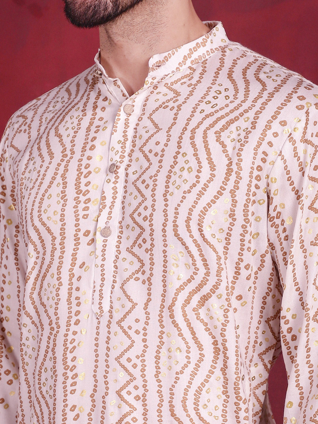Men's Bandhani Printed Kurta with Pyjama ( JOKP 5016 Cream )