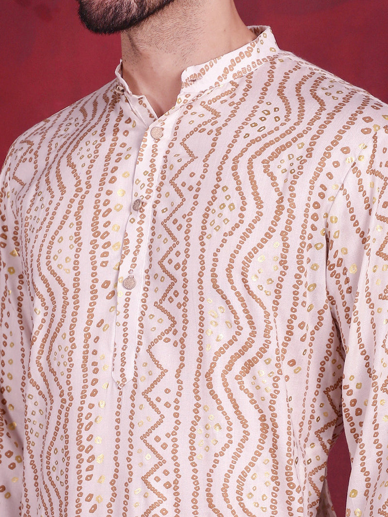 Men's Bandhani Printed Kurta with Pyjama ( JOKP 5016 Cream )