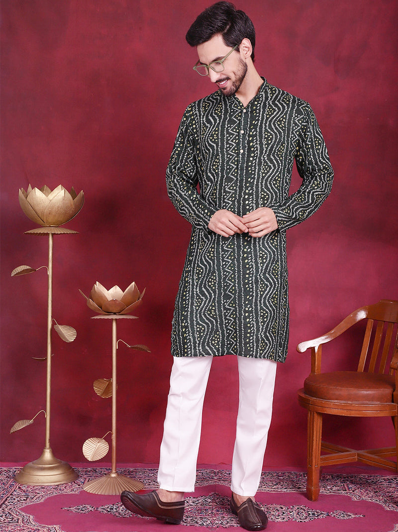 Men's Bandhani Printed Kurta with Pyjama ( JOKP 5016 Green )