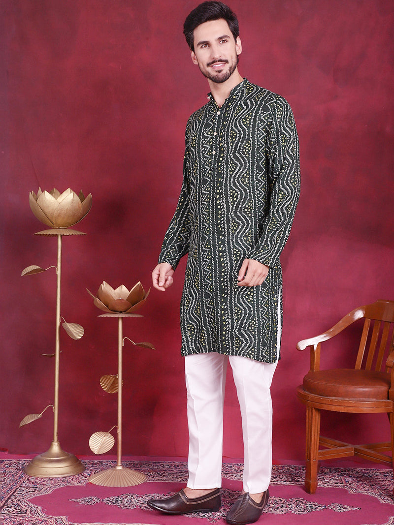 Men's Bandhani Printed Kurta with Pyjama ( JOKP 5016 Green )