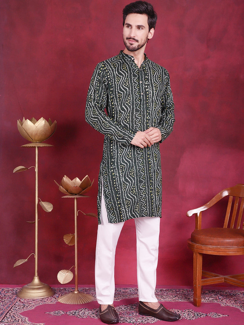 Men's Bandhani Printed Kurta with Pyjama ( JOKP 5016 Green )