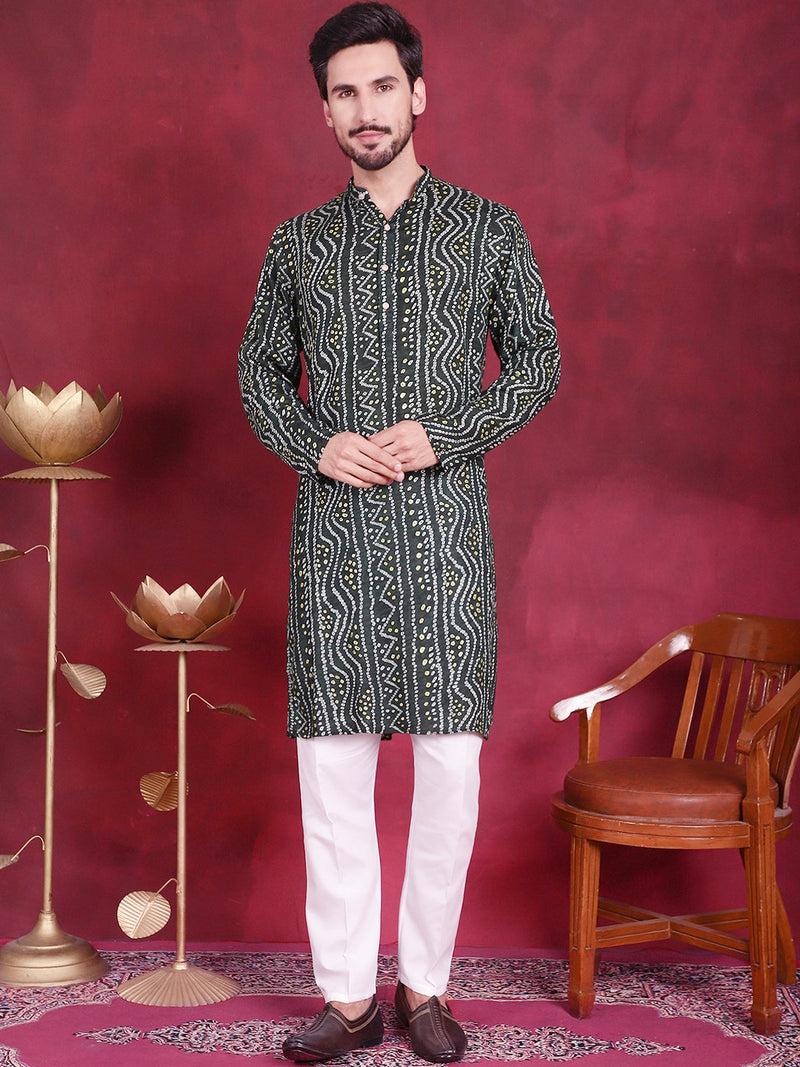 Men's Bandhani Printed Kurta with Pyjama ( JOKP 5016 Green )