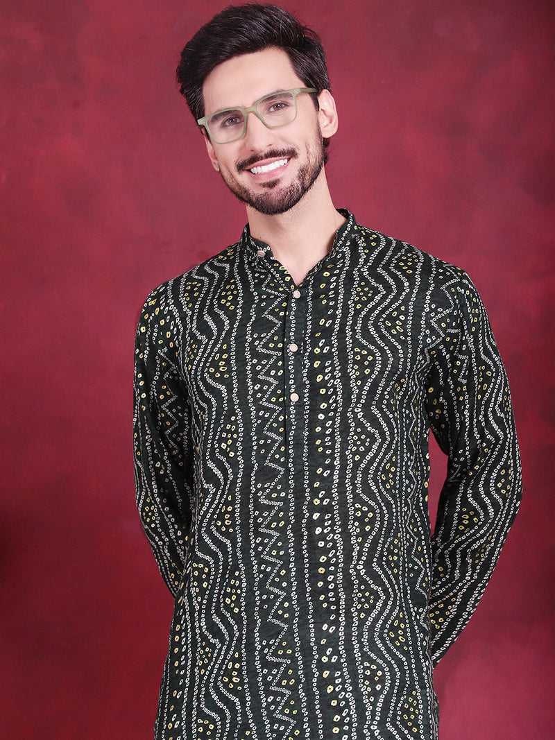 Men's Bandhani Printed Kurta with Pyjama ( JOKP 5016 Green )