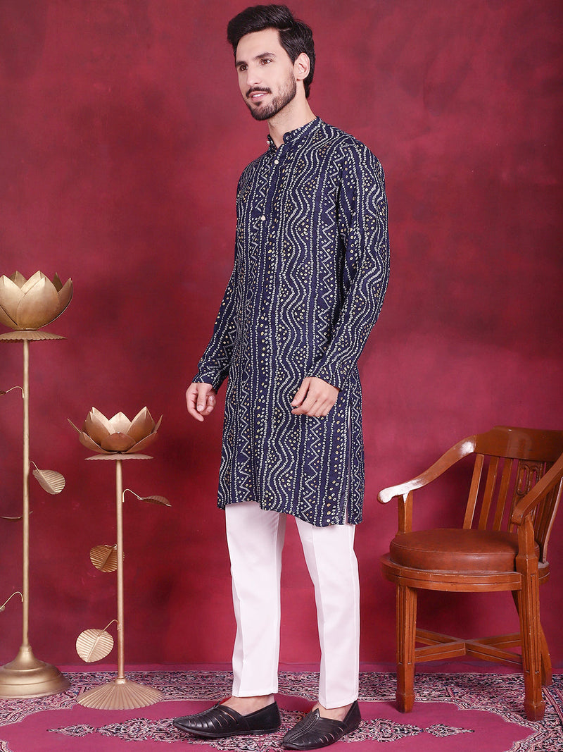 Men's Bandhani Printed Kurta with Pyjama ( JOKP 5016 Navy )