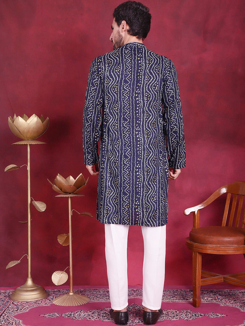 Men's Bandhani Printed Kurta with Pyjama ( JOKP 5016 Navy )